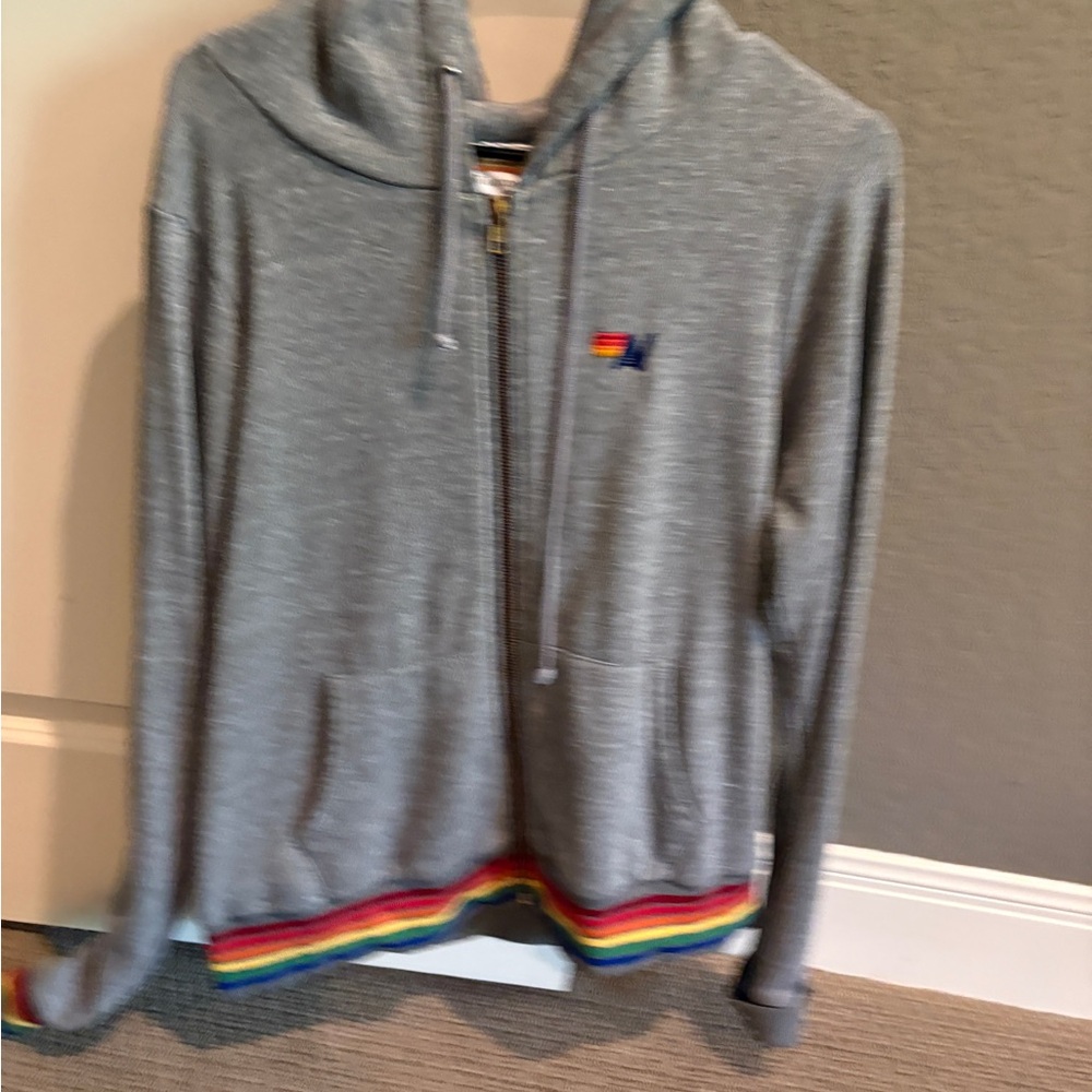 Aviator Nation Gray Hooded Sweatshirt with Rainbow Trim PRIDE